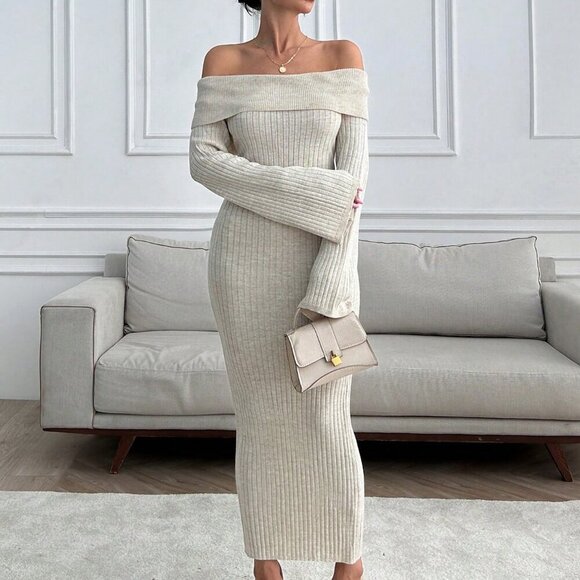 Dresses & Skirts - Apricot Elegant Women's Off Shoulder Sweater Maxi Dress